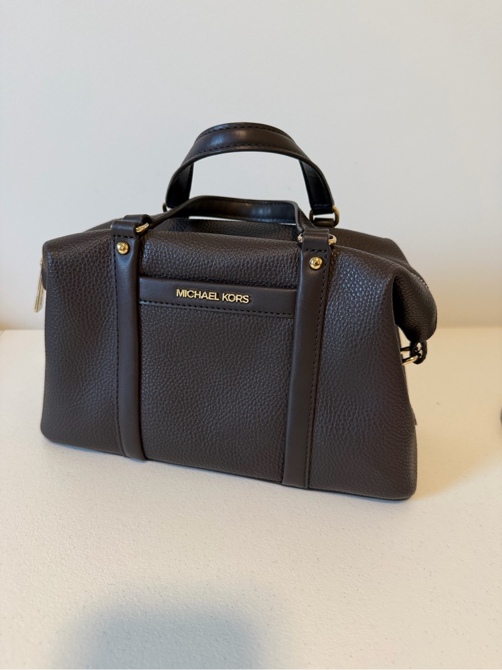 Michael Kors Pebbled Leather Toiletry Bag in Dark Brown with Gold Hardware